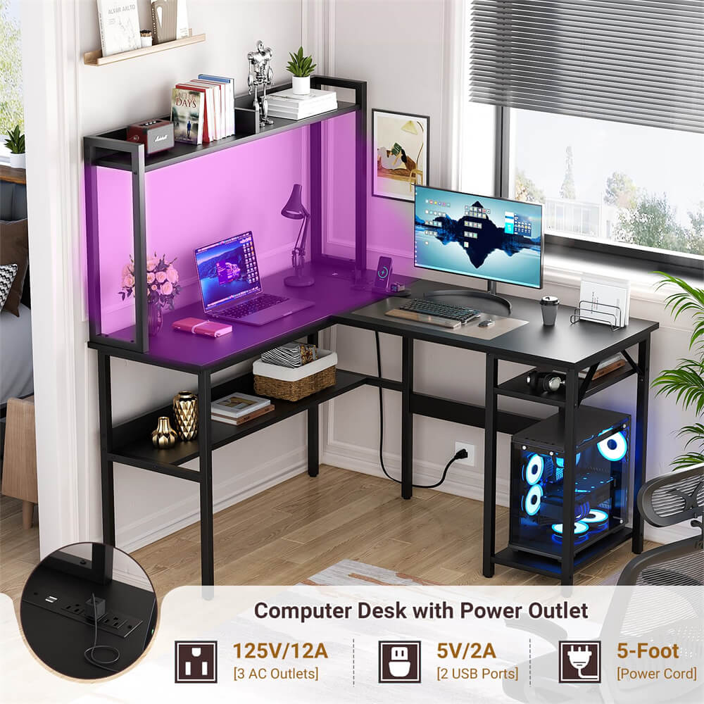 Unikito L Shaped Gaming Desk with RGB LED Strip and Power Outlets