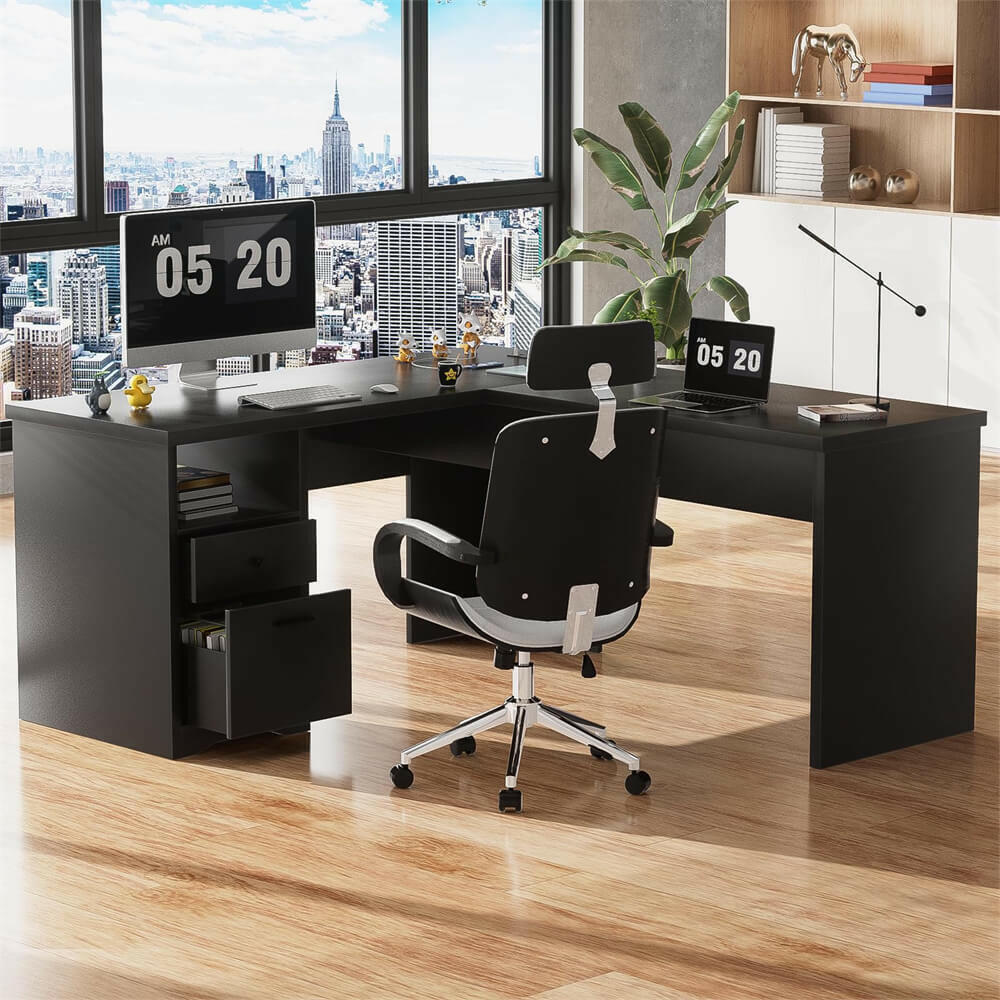 Unikito Lift Top L Shaped Desk with Drawer, Large Office Desk with Power Outlets and USB Charging Ports, Sturdy Corner Computer Desk Writing Table with Storage, L Shape Standing Desk
