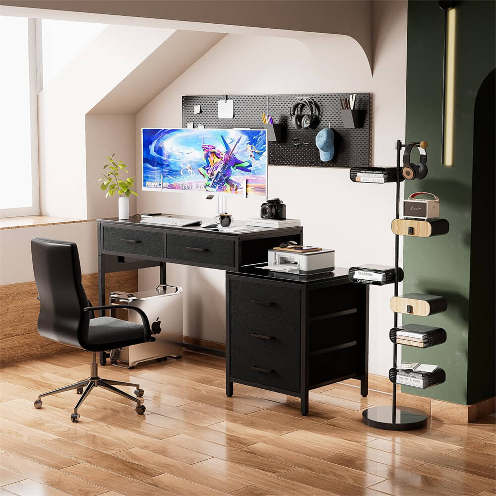 Unikito Reversible Computer Desk with 5 Drawers, Narrow Desk Comes