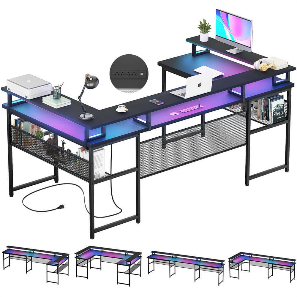 unico ウニコ　 DESK Unikito U Shaped Computer Desks, Reversible Office Desk with LED Strip