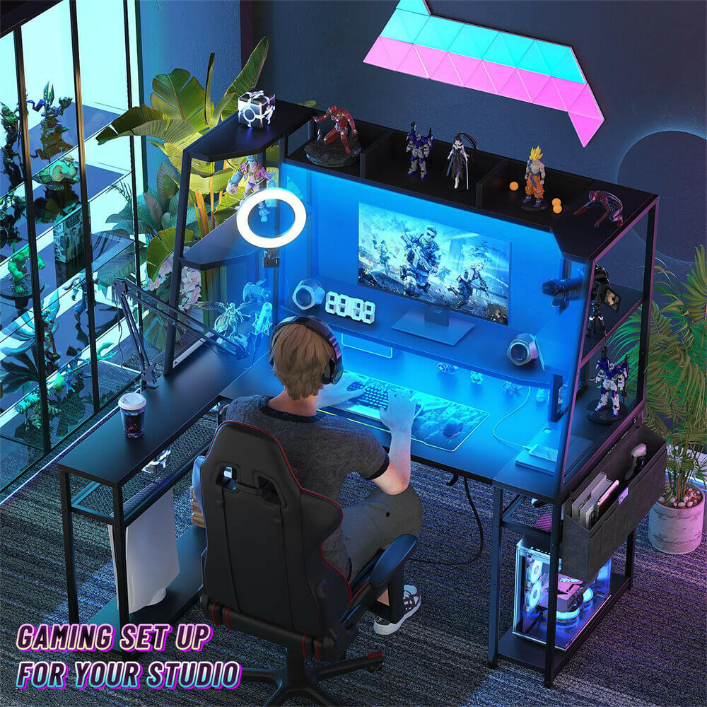 Unikito L Shaped Gaming Desk with Hutch & Shelves, 47'' Gaming Computer Desk with LED Lights & Power Strips, Reversible PC Gaming Desk L Shape with Storage, L Desk for Gaming with Monitor Stand