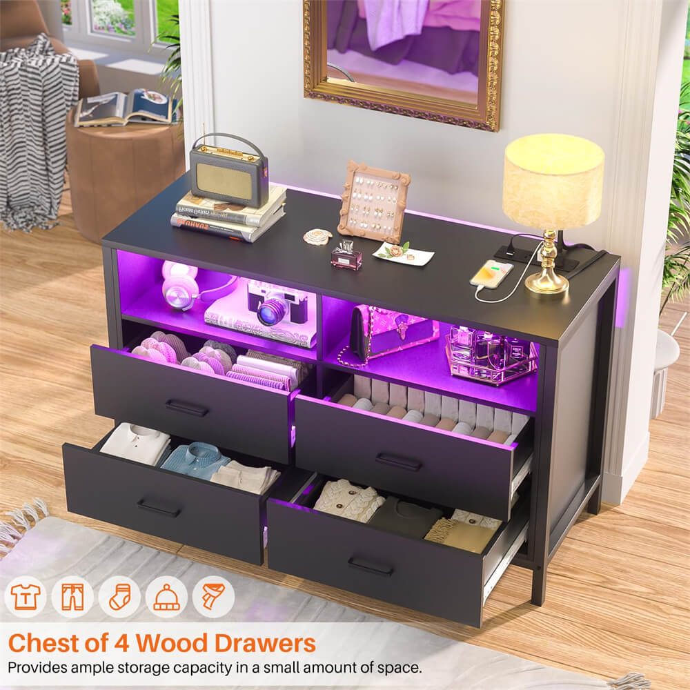 Unikito Dresser for Bedroom, 4 Drawers Dresser with LED Lights and