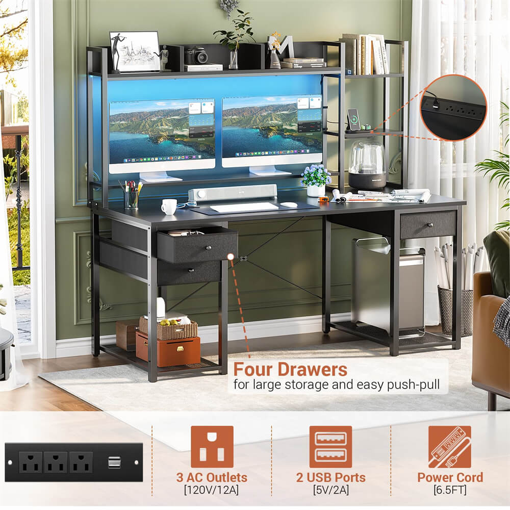 Unikito Gaming Desk with LED and Outlets, 55'' Computer Desk with Hutch & Drawers, Reversible Office Desk with Storage Bookshelf, Large Workstation Desk with Shelf, Desk for Home
