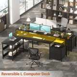 Unikito L Shaped Desk with File Drawer, 72.8" Reversible L Shaped Computer Desk with Power Outlet & LED Strip, Gaming Desk with Monitor Stand, Office Desk Corner Desk with Storage Shelf