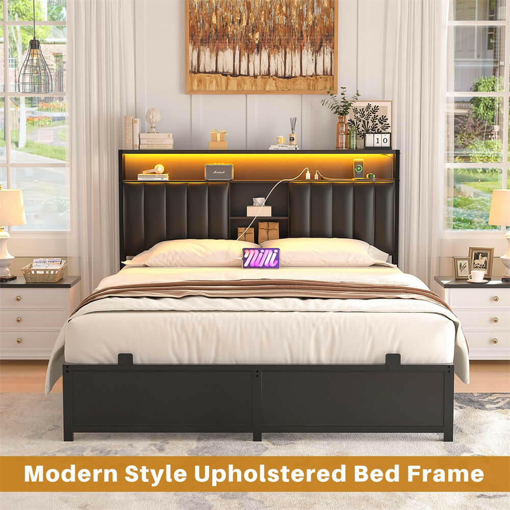 Unikito Full Size Bed Frame with Charging Station & Led Lights, Platfo
