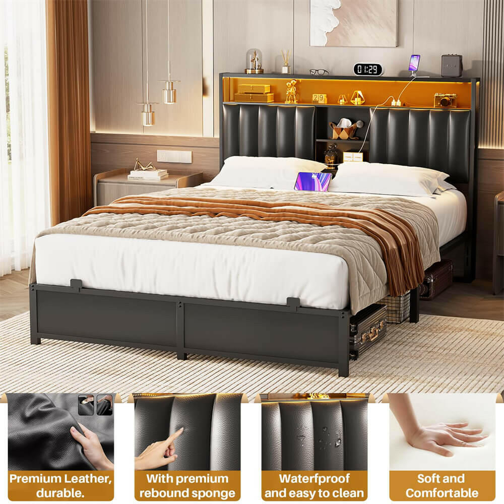 BOB屋 Unikito Full Size Bed Frame with Charging Station & Led Lights, Platfo