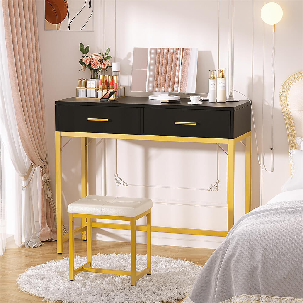 Makeup Vanity Desk Set with Tri Fold Lighted Mirror Dressing Table with Drawers and Power Outlets Black