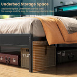 Unikito King Size Bed Frame with Charging Station and Led Lights, Industrial Metal Platform Bed with Storage Headboard, Steel Slat Support, No Box Spring Needed, Noise-Free, Easy Assembly