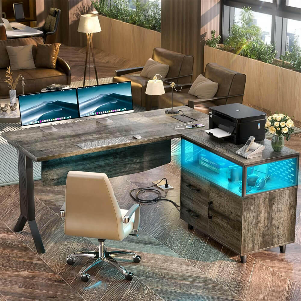 Unikito L Shaped Office Desk with Storage Cabinet and Recessed Power Strip LED Strip, 55 Inch Thickened Heavy Duty Executive Computer Desk with 2 Drawers and 1 Door Cabinet