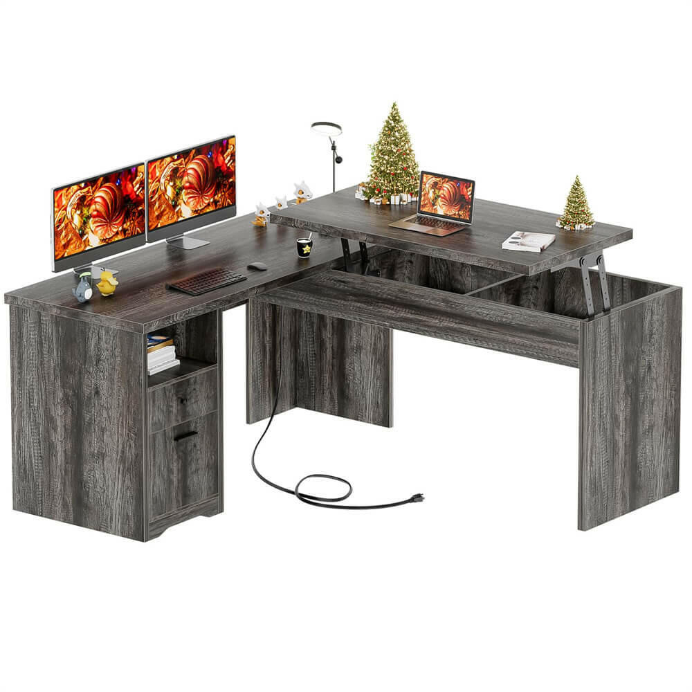 Unikito Lift Top L Shaped Desk with Drawer, Large Office Desk with Power Outlets and USB Charging Ports, Sturdy Corner Computer Desk Writing Table with Storage, L Shape Standing Desk