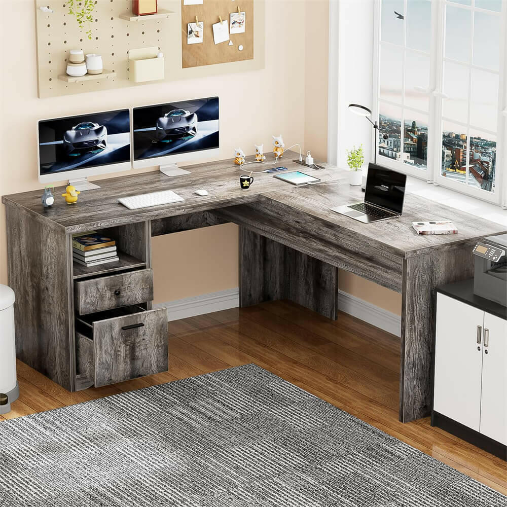 Unikito Lift Top L Shaped Desk with Drawer Large Office Desk with Pow
