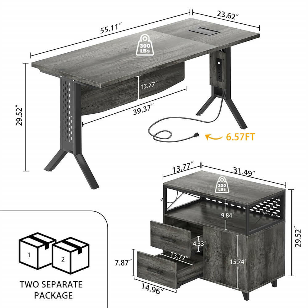 Unikito L Shaped Office Desk with Storage Cabinet and Recessed Power Strip LED Strip, 55 Inch Thickened Heavy Duty Executive Computer Desk with 2 Drawers and 1 Door Cabinet