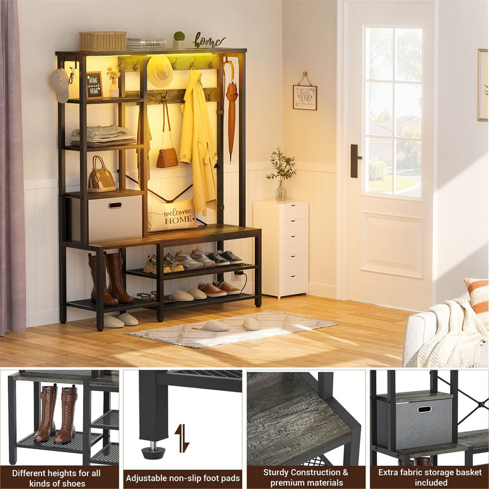 Unikito Hall Tree with Storage Bench Coat Rack with LED Lights Shelves Basket Hooks