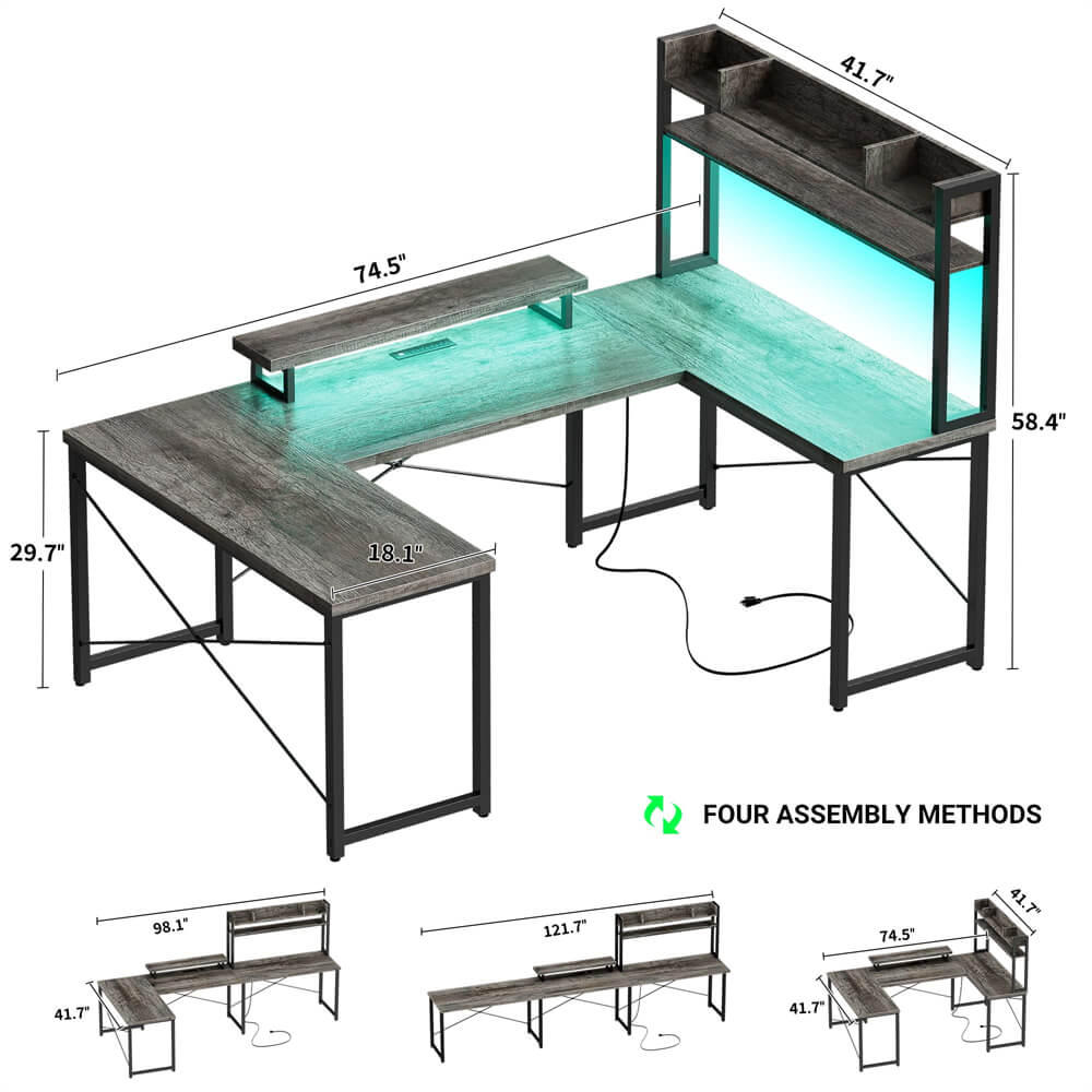 Unikito U Shaped Desk with Hutch, Reversible L Desk with Power