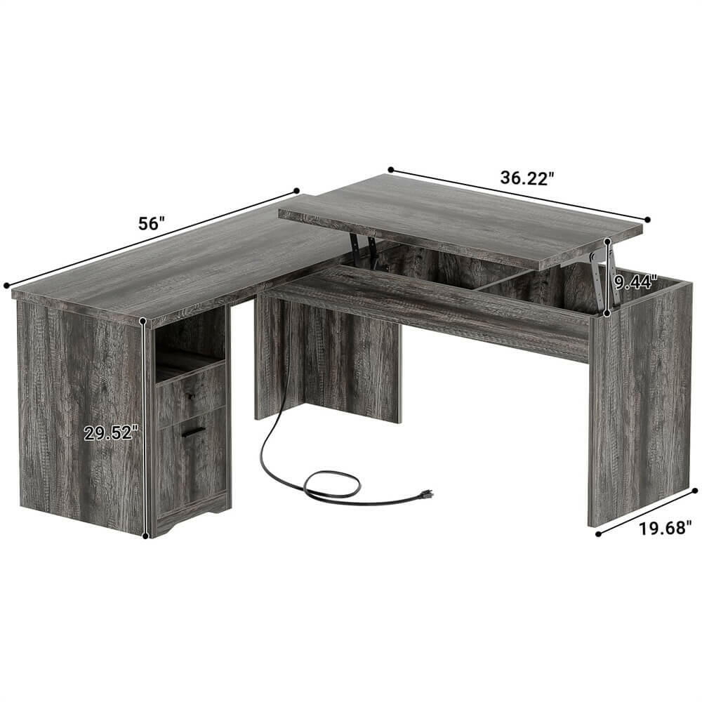 Unikito Lift Top L Shaped Desk with Drawer, Large Office Desk with Power Outlets and USB Charging Ports, Sturdy Corner Computer Desk Writing Table with Storage, L Shape Standing Desk