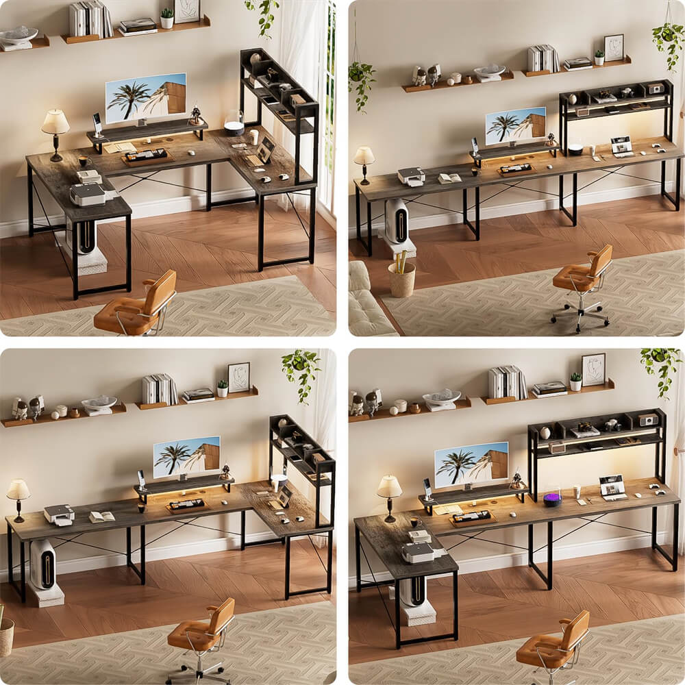Unikito U Shaped Desk with Hutch, Reversible L Desk with Power