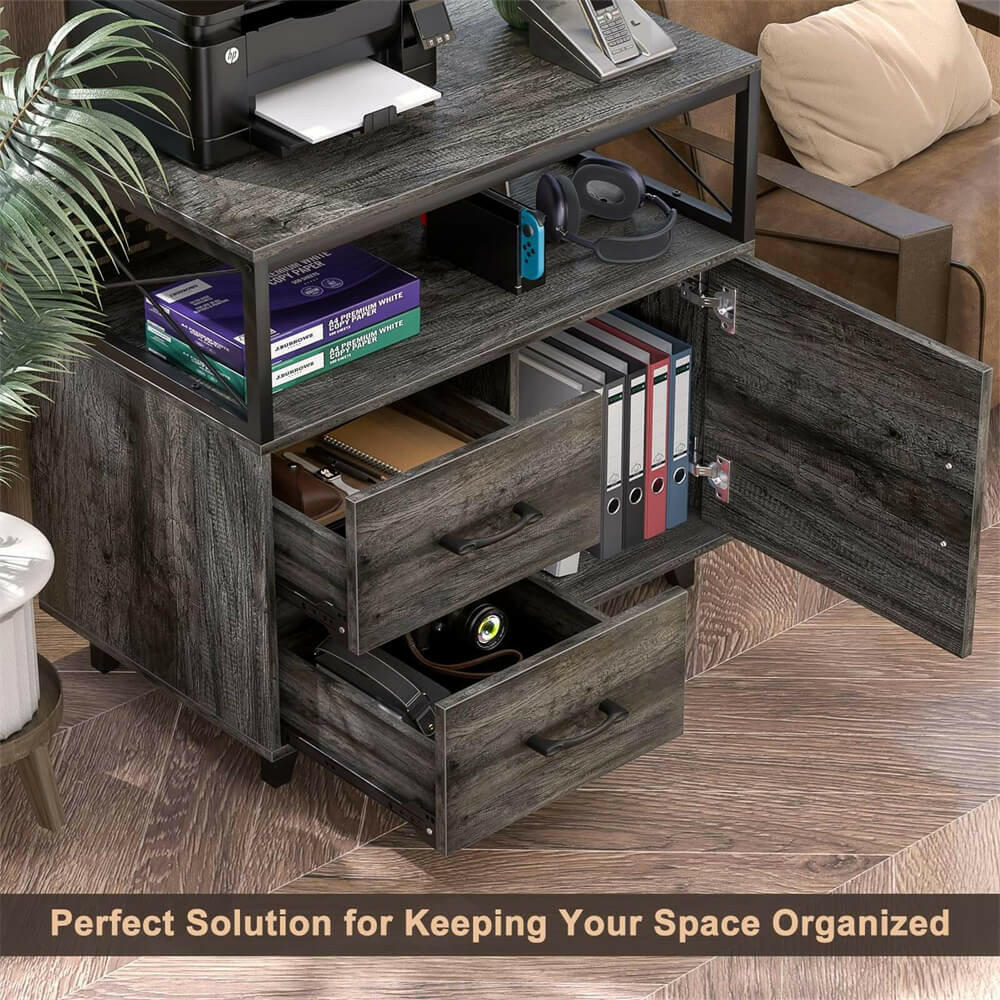Unikito L Shaped Office Desk with Storage Cabinet and Recessed Power Strip LED Strip, 55 Inch Thickened Heavy Duty Executive Computer Desk with 2 Drawers and 1 Door Cabinet