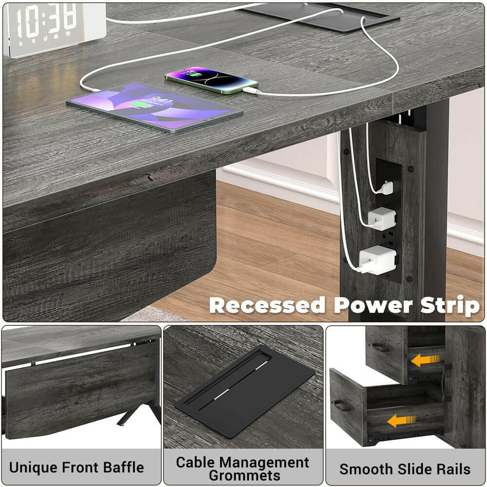 Unikito L Shaped Office Desk with Storage Cabinet and Recessed Power Strip LED Strip, 55 Inch Thickened Heavy Duty Executive Computer Desk with 2 Drawers and 1 Door Cabinet