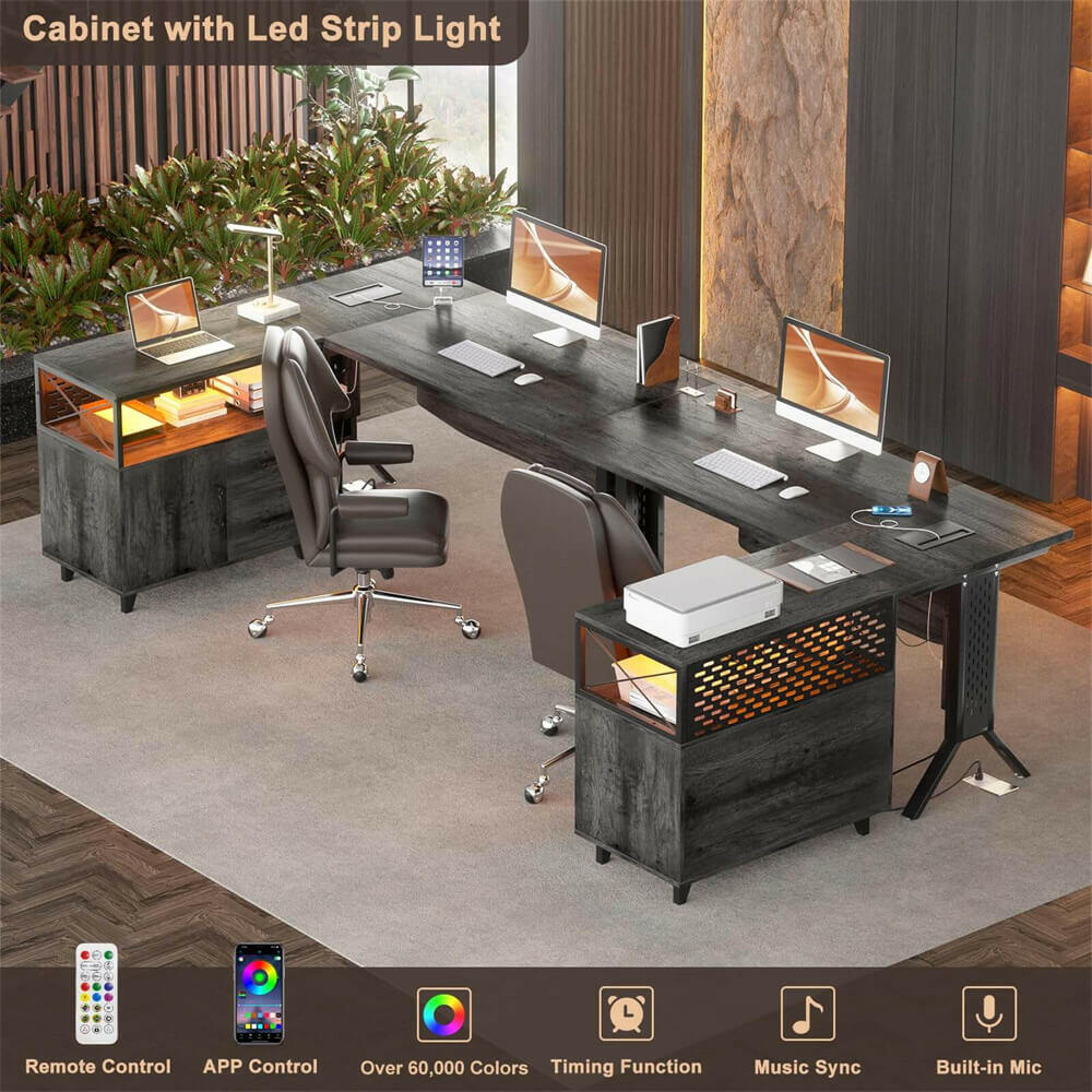 Unikito L Shaped Office Desk with Storage Cabinet and Recessed Power Strip LED Strip, 55 Inch Thickened Heavy Duty Executive Computer Desk with 2 Drawers and 1 Door Cabinet