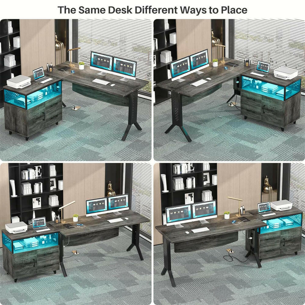 Unikito L Shaped Office Desk with Storage Cabinet and Recessed Power Strip LED Strip, 55 Inch Thickened Heavy Duty Executive Computer Desk with 2 Drawers and 1 Door Cabinet