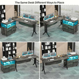 Unikito L Shaped Office Desk with Storage Cabinet and Recessed Power Strip LED Strip, 55 Inch Thickened Heavy Duty Executive Computer Desk with 2 Drawers and 1 Door Cabinet
