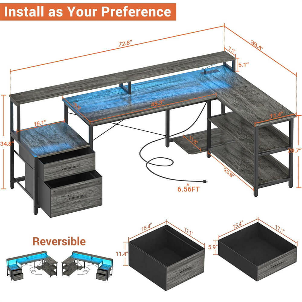 Unikito L Shaped Desk with File Drawer, 72.8" Reversible L Shaped Computer Desk with Power Outlet & LED Strip, Gaming Desk with Monitor Stand, Office Desk Corner Desk with Storage Shelf