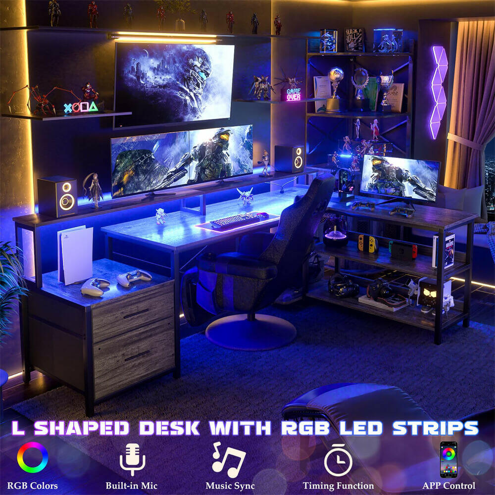 Unikito L Shaped Desk with File Drawer, 72.8" Reversible L Shaped Computer Desk with Power Outlet & LED Strip, Gaming Desk with Monitor Stand, Office Desk Corner Desk with Storage Shelf