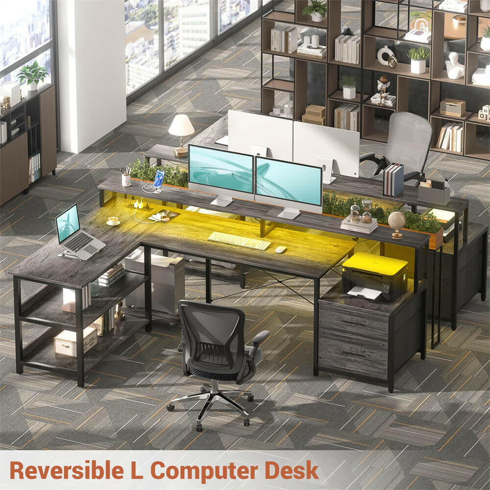 Unikito L Shaped Desk with File Drawer, 72.8" Reversible L Shaped Computer Desk with Power Outlet & LED Strip, Gaming Desk with Monitor Stand, Office Desk Corner Desk with Storage Shelf