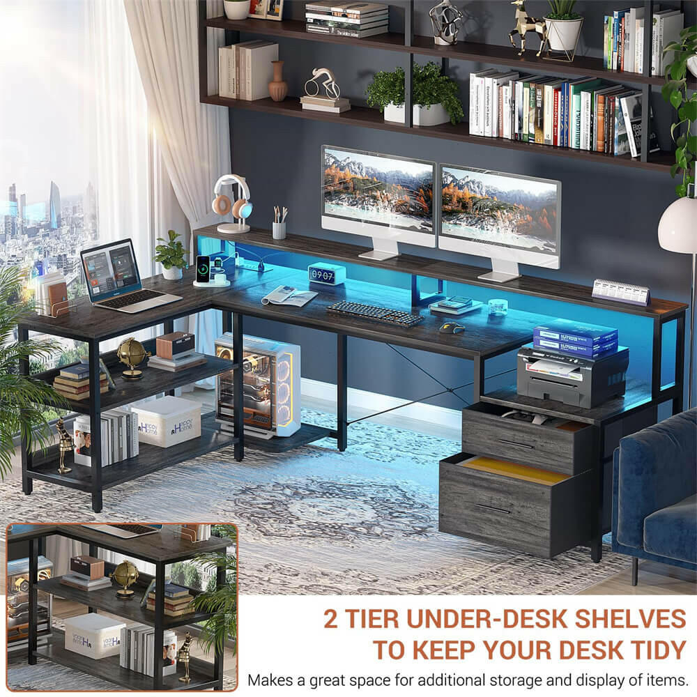 Unikito L Shaped Desk with File Drawer, 72.8" Reversible L Shaped Computer Desk with Power Outlet & LED Strip, Gaming Desk with Monitor Stand, Office Desk Corner Desk with Storage Shelf