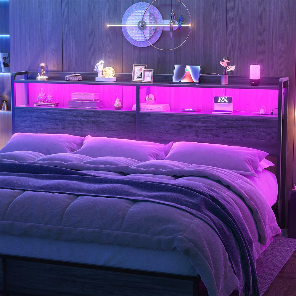 Unikito King Size Headboard Headboard with Storage LED Lights Power Outlets USB Ports Height Adjustable