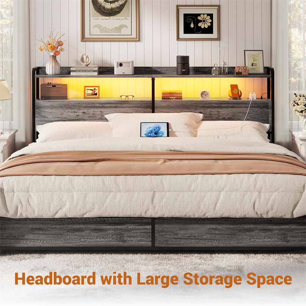 Unikito King Size Headboard Headboard with Storage LED Lights Power Outlets USB Ports Height Adjustable