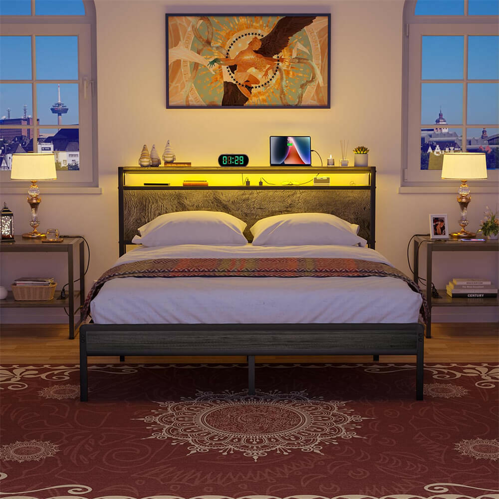Unikito Queen Size Bed Frame with Charging Station and Led Lights, Industrial Metal Platform Bed with Storage Headboard, Steel Slat Support, No Box Spring Needed, Noise-Free, Easy Assembly