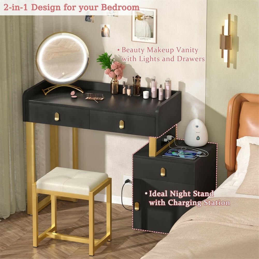 Unikito Vanity Desk with Mirror and Lights, Makeup Vanity Table Set with 3 Storage Drawers, Stool and Divided Organizers, Dressing Table with 3 Color Lighting Options for Women Girls