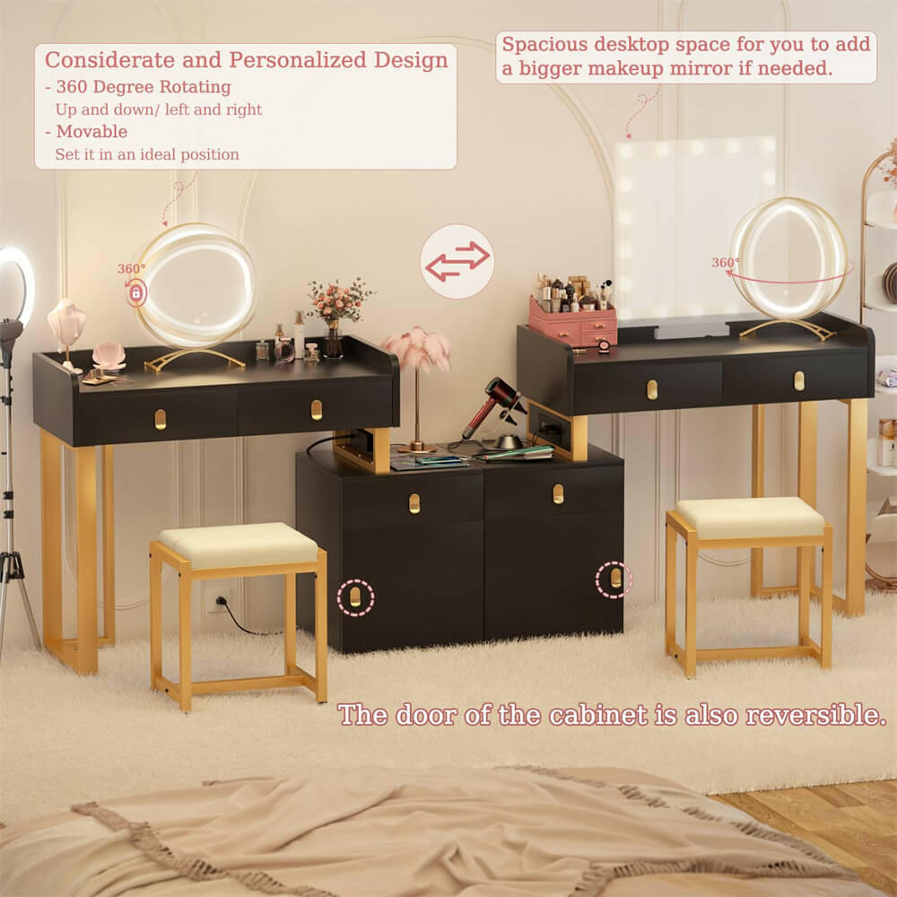 Unikito Vanity Desk with Mirror and Lights, Makeup Vanity Table Set with 3 Storage Drawers, Stool and Divided Organizers, Dressing Table with 3 Color Lighting Options for Women Girls