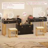 Unikito Vanity Desk with Mirror and Lights, Makeup Vanity Table Set with 3 Storage Drawers, Stool and Divided Organizers, Dressing Table with 3 Color Lighting Options for Women Girls