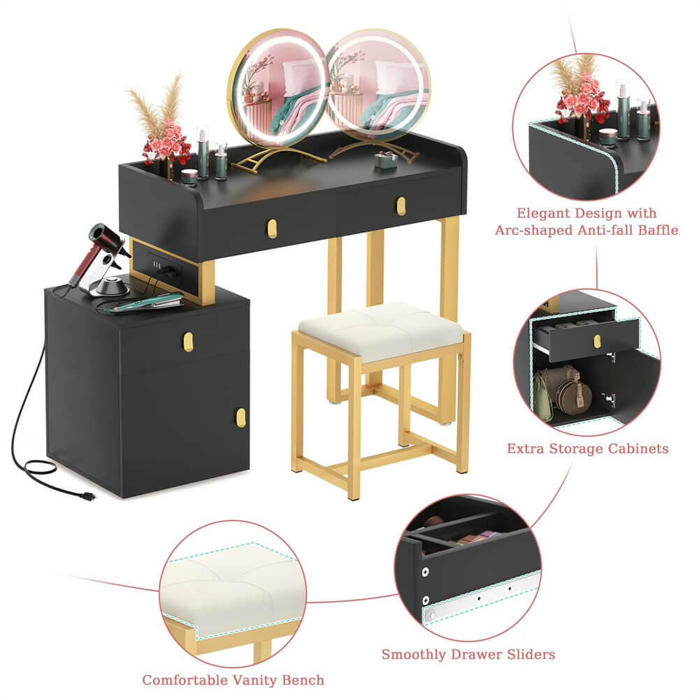 Unikito Vanity Desk with Mirror and Lights, Makeup Vanity Table Set with 3 Storage Drawers, Stool and Divided Organizers, Dressing Table with 3 Color Lighting Options for Women Girls