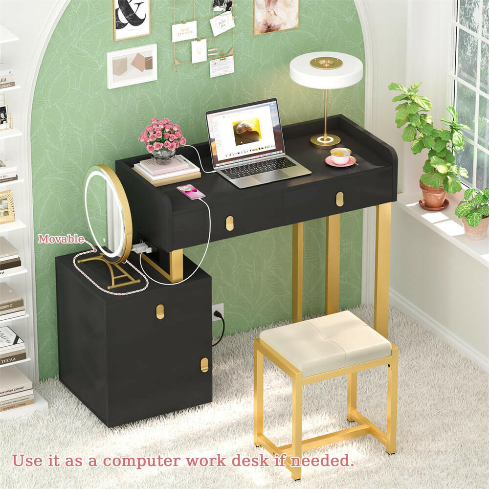 Unikito Vanity Desk with Mirror and Lights, Makeup Vanity Table Set with 3 Storage Drawers, Stool and Divided Organizers, Dressing Table with 3 Color Lighting Options for Women Girls