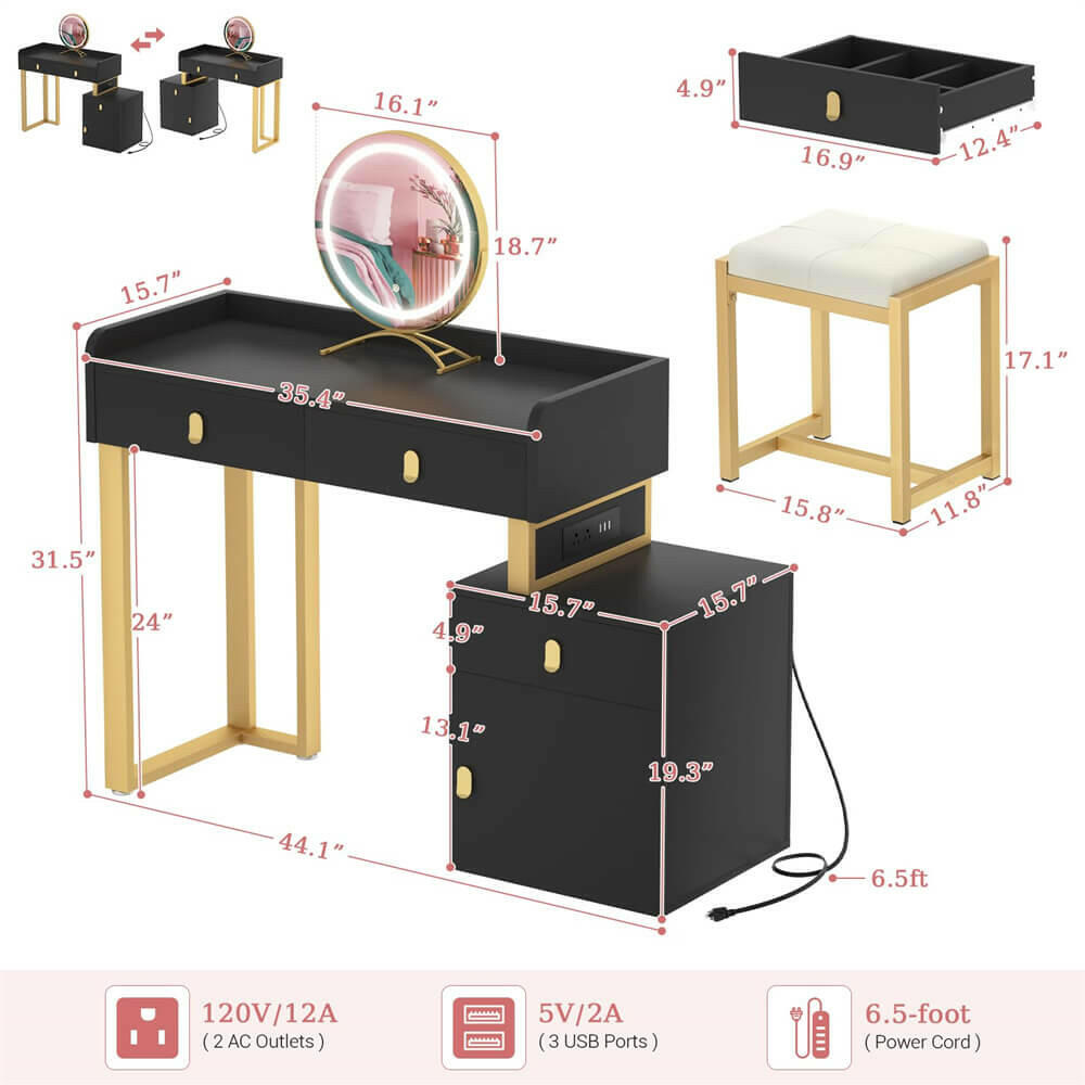 Unikito Vanity Desk with Mirror and Lights, Makeup Vanity Table Set with 3 Storage Drawers, Stool and Divided Organizers, Dressing Table with 3 Color Lighting Options for Women Girls