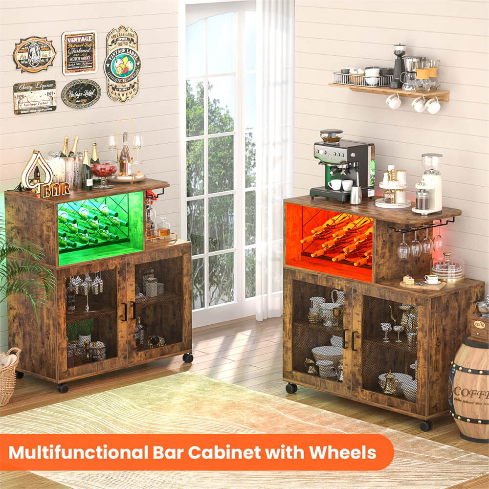 Unikito Wine Bar Cabinet with Wheels Small Liquor Cabinet with LED Light Home Bar Cart with Power Outlets Rustic Oak