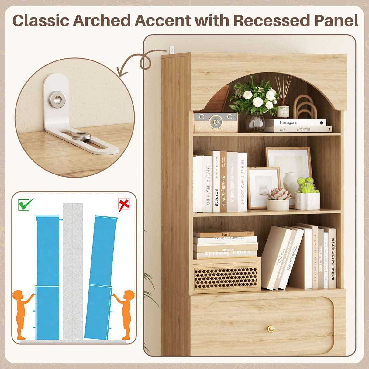 80'' Tall Bookcase with Drawers, Arched Wooden Bookshelf with Open Shelves & Storage for Living Room, Office & Bedroom
