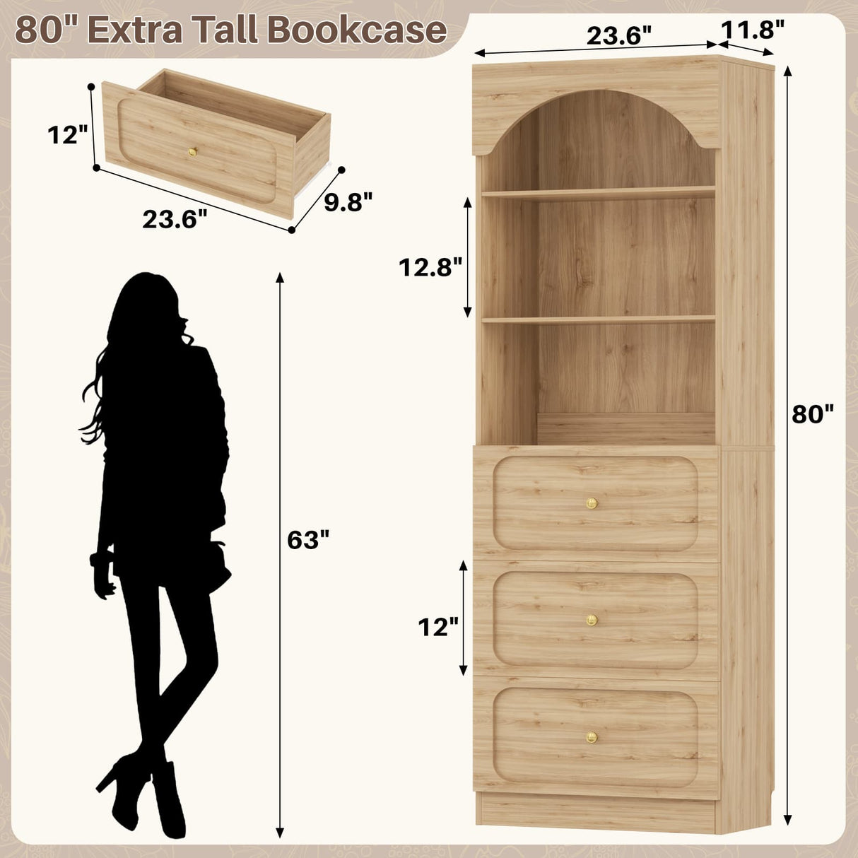 80'' Tall Bookcase with Drawers, Arched Wooden Bookshelf with Open Shelves & Storage for Living Room, Office & Bedroom