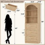80'' Tall Bookcase with Drawers, Arched Wooden Bookshelf with Open Shelves & Storage for Living Room, Office & Bedroom
