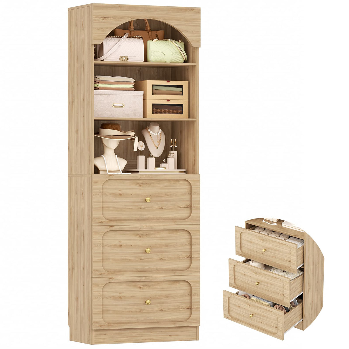 80'' Tall Bookcase with Drawers, Arched Wooden Bookshelf with Open Shelves & Storage for Living Room, Office & Bedroom