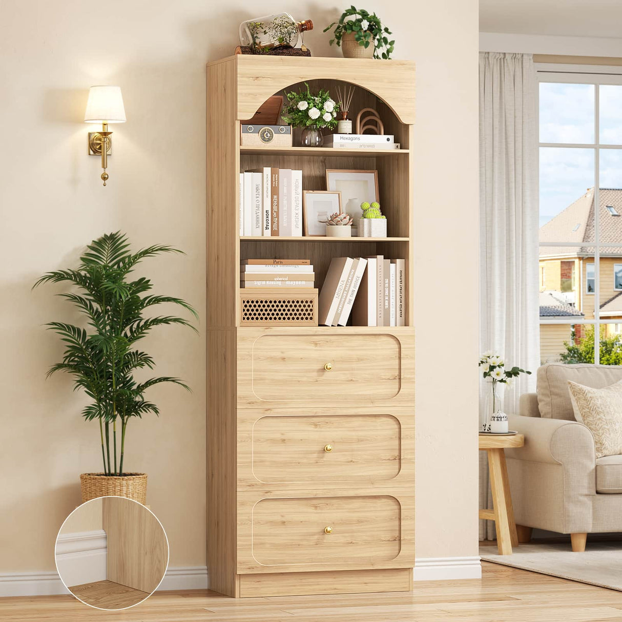 80'' Tall Bookcase with Drawers, Arched Wooden Bookshelf with Open Shelves & Storage for Living Room, Office & Bedroom