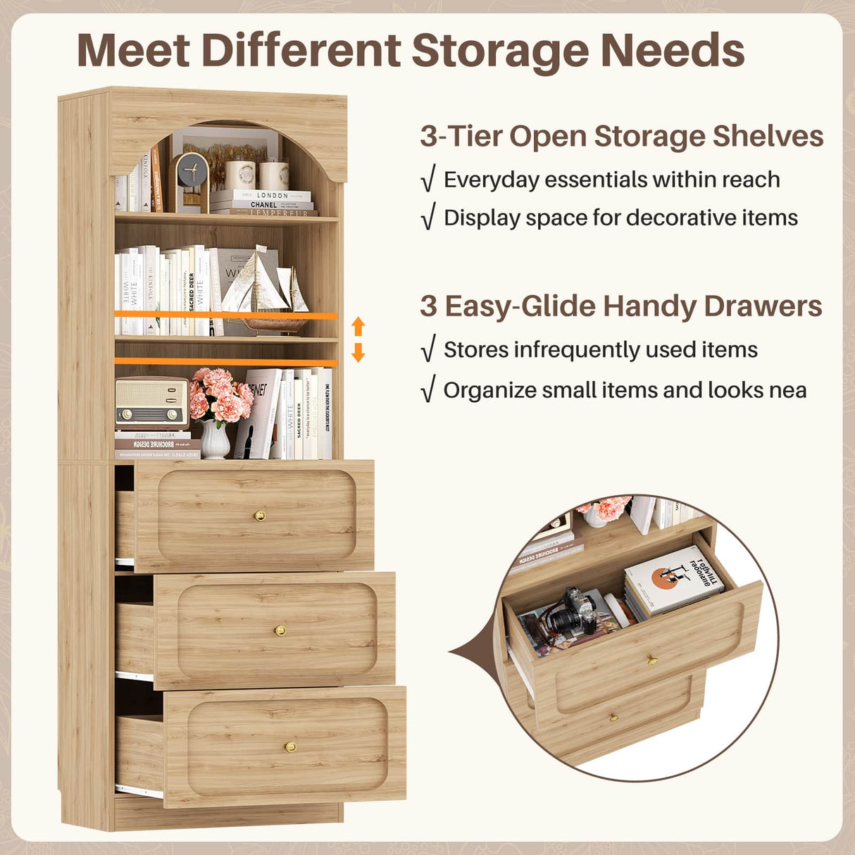 80'' Tall Bookcase with Drawers, Arched Wooden Bookshelf with Open Shelves & Storage for Living Room, Office & Bedroom