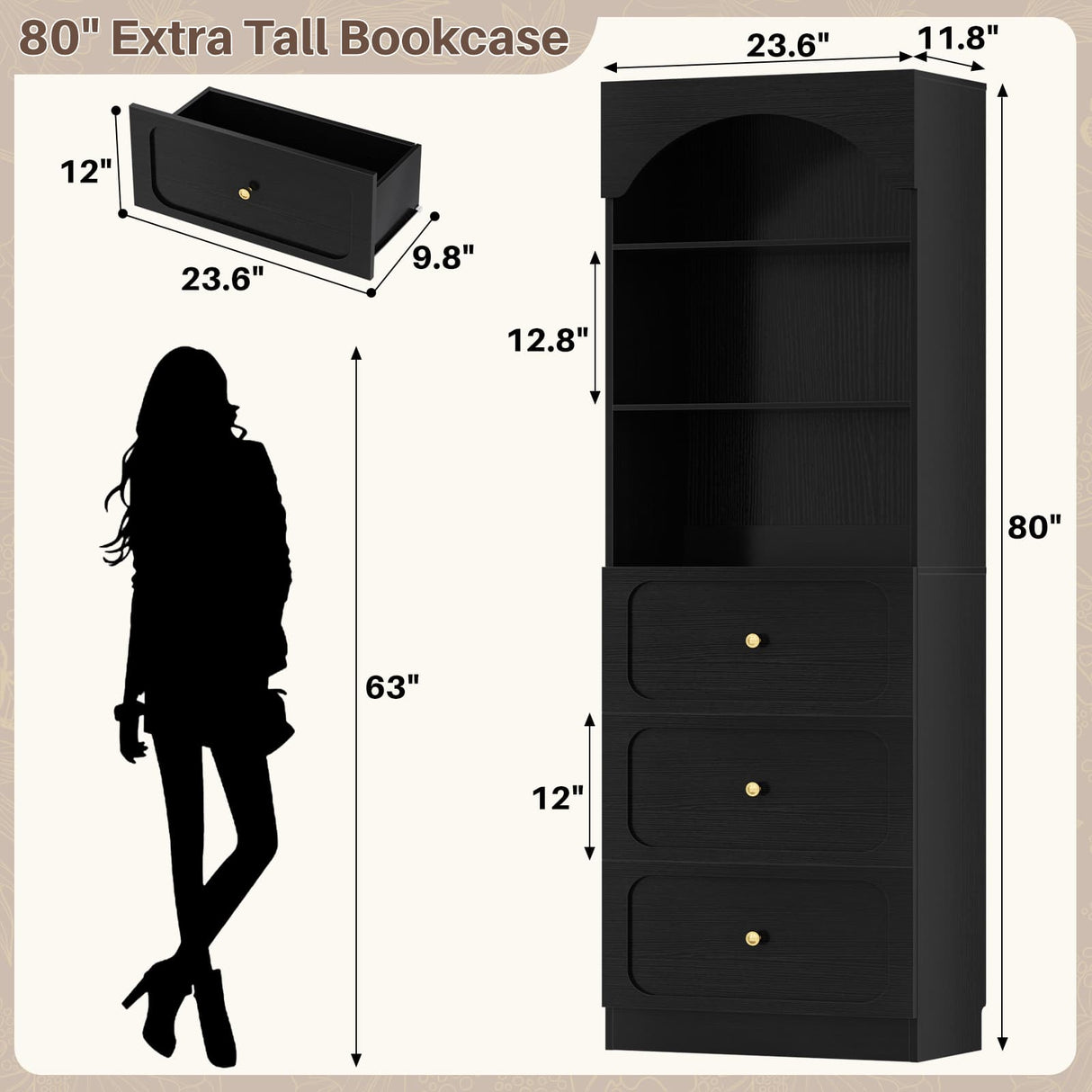 80'' Tall Bookcase with Drawers, Arched Wooden Bookshelf with Open Shelves & Storage for Living Room, Office & Bedroom