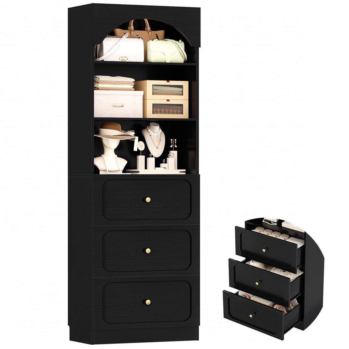 80'' Tall Bookcase with Drawers, Arched Wooden Bookshelf with Open Shelves & Storage for Living Room, Office & Bedroom