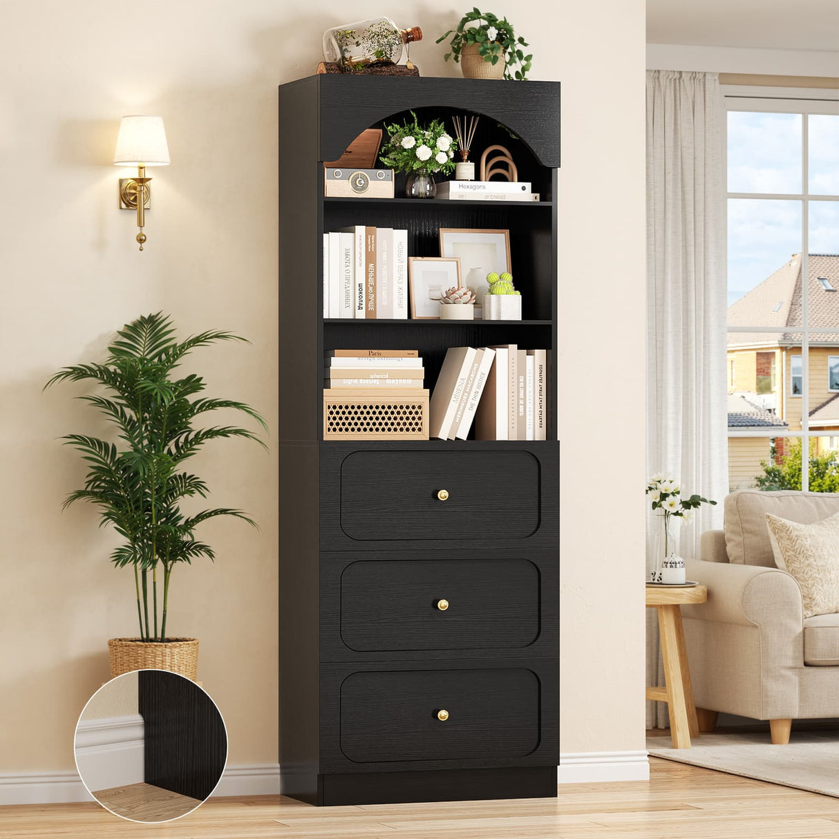 80'' Tall Bookcase with Drawers, Arched Wooden Bookshelf with Open Shelves & Storage for Living Room, Office & Bedroom