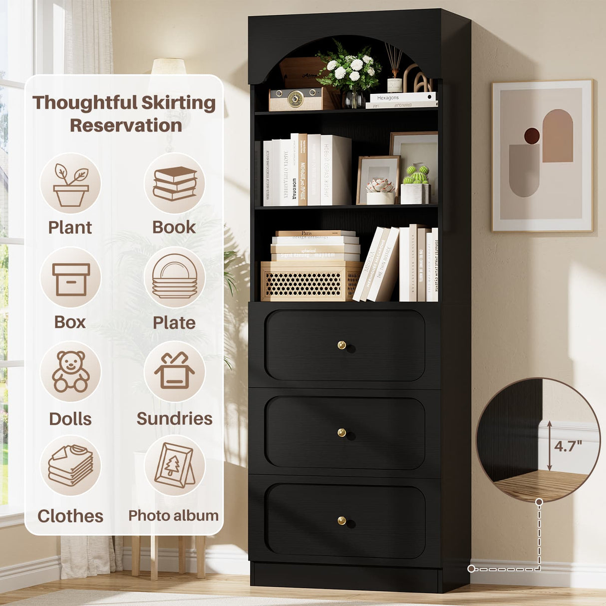 80'' Tall Bookcase with Drawers, Arched Wooden Bookshelf with Open Shelves & Storage for Living Room, Office & Bedroom