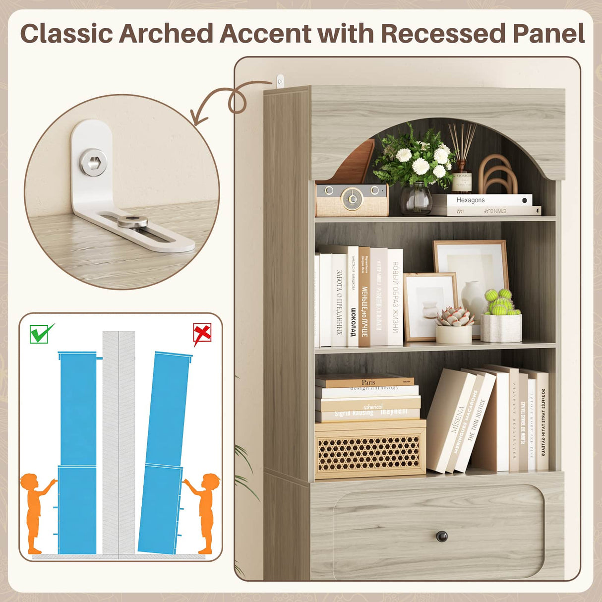80'' Tall Bookcase with Drawers, Arched Wooden Bookshelf with Open Shelves & Storage for Living Room, Office & Bedroom